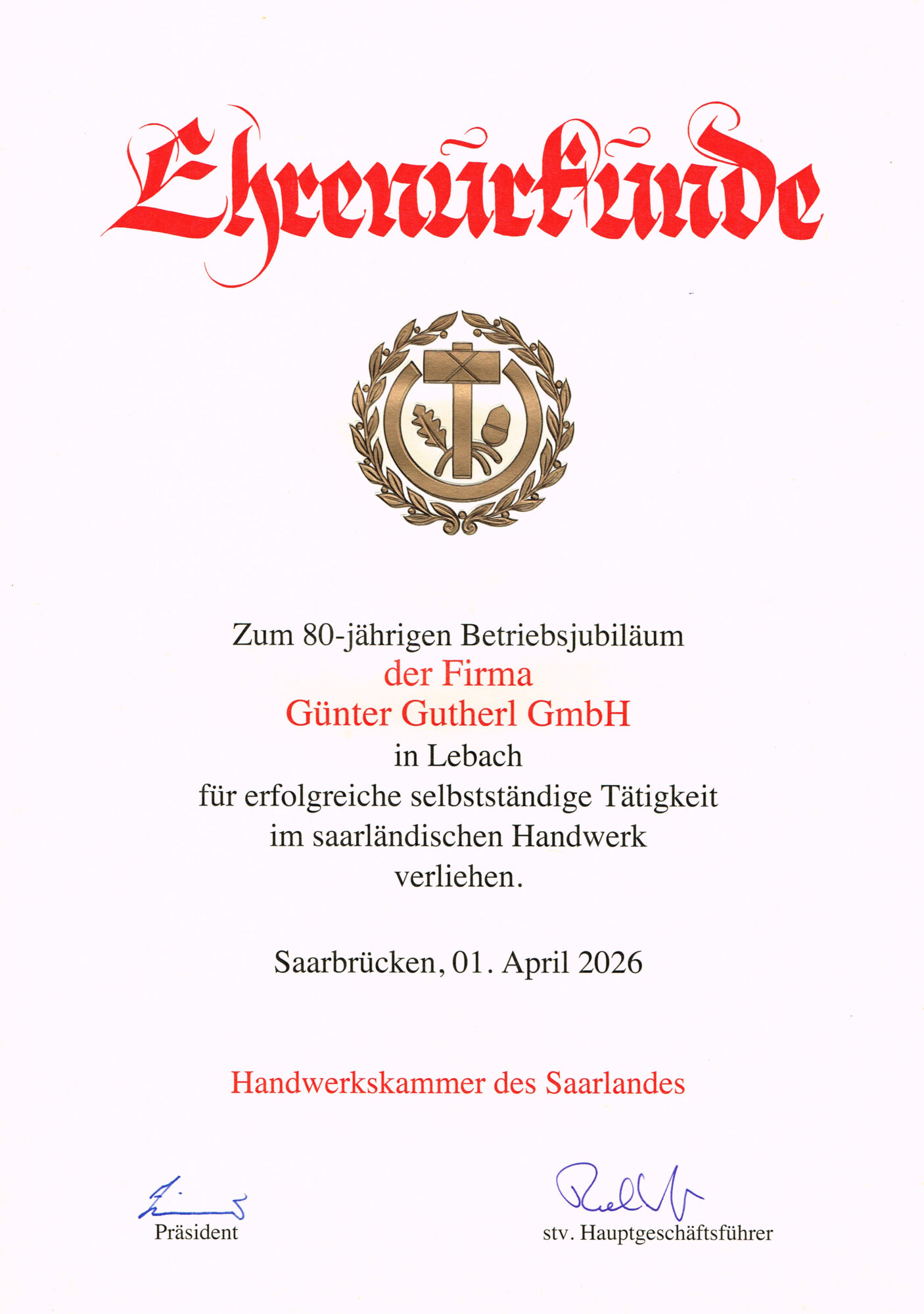 Ehrenurkunde 80 Jahre Gutherl
